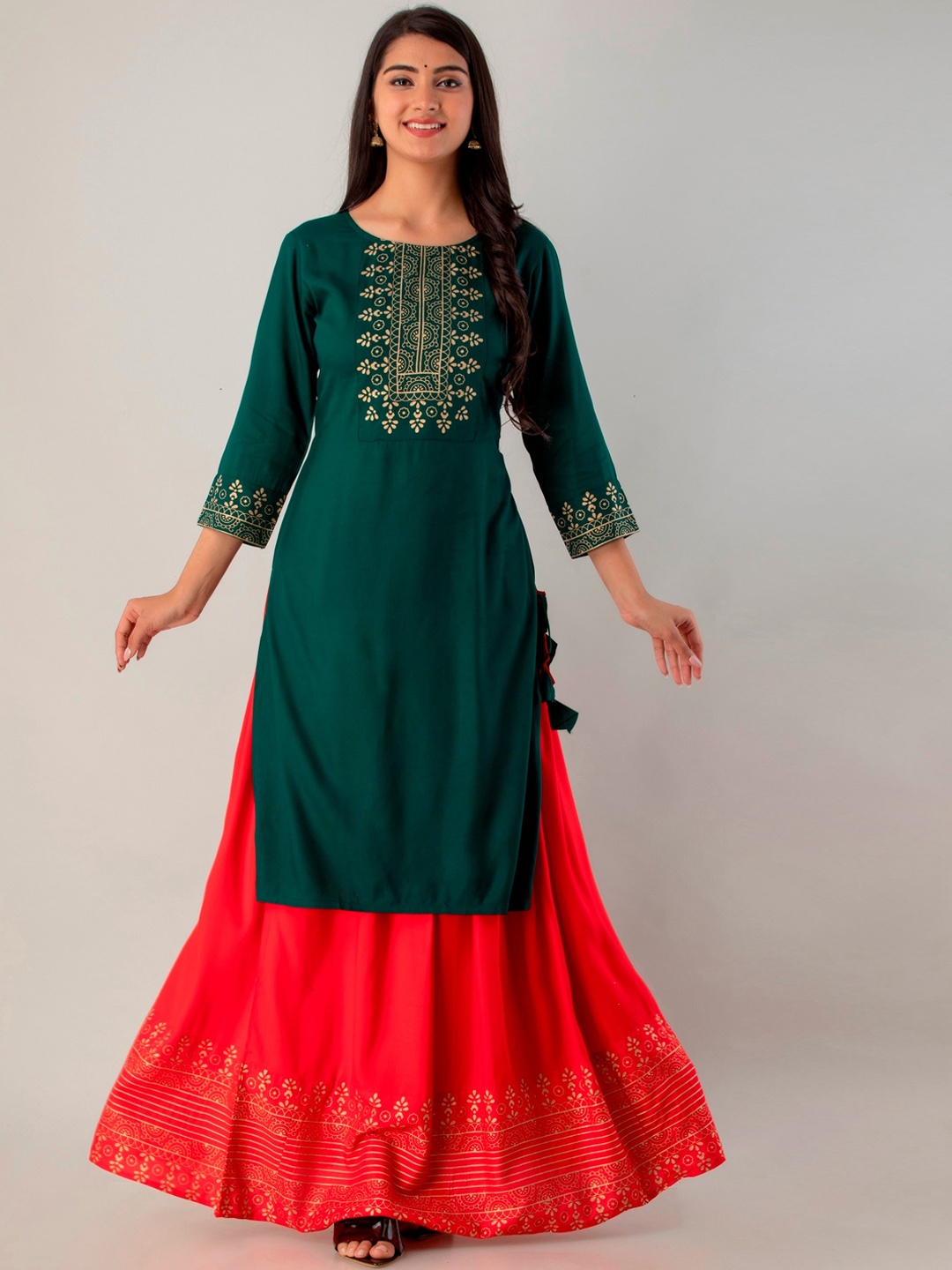 

Lovista Ethnic Motifs Printed Kurta with Skirt, Green