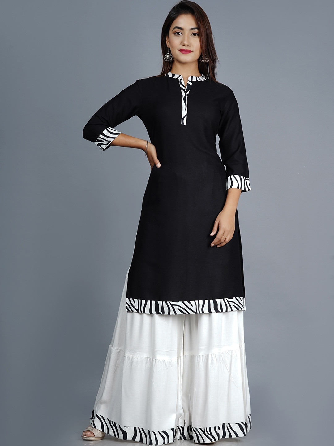 

Lovista Mandarin Collar Contrast Border Kurta With Sharara, Black