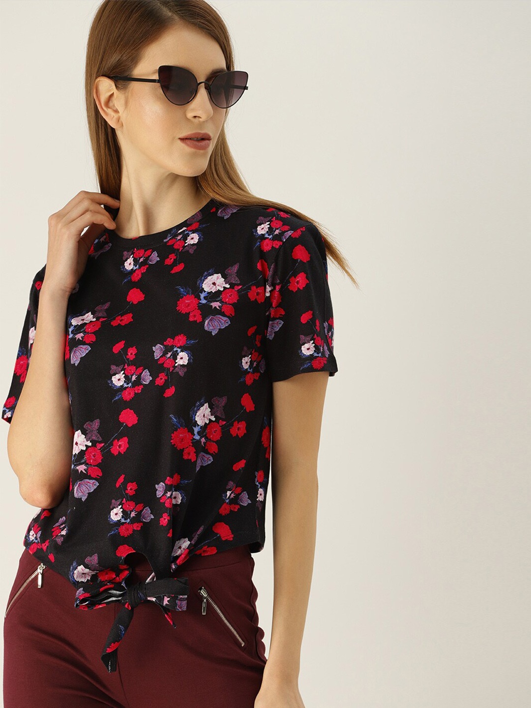 

Mast & Harbour Black Floral Printed Pure Cotton Waist Tie-Up Top