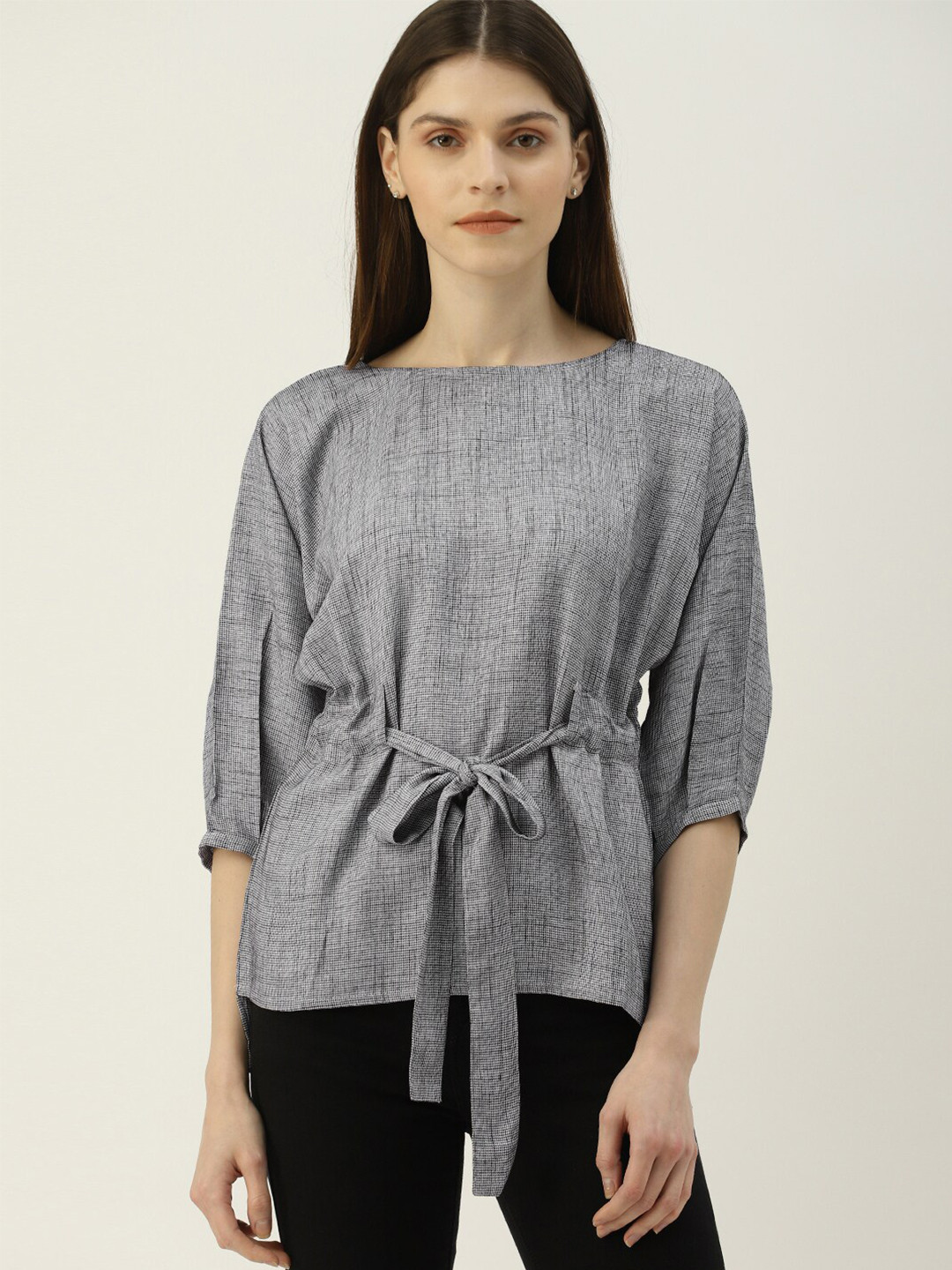 

Mast & Harbour Grey Self Design Extended Sleeves Regular Top