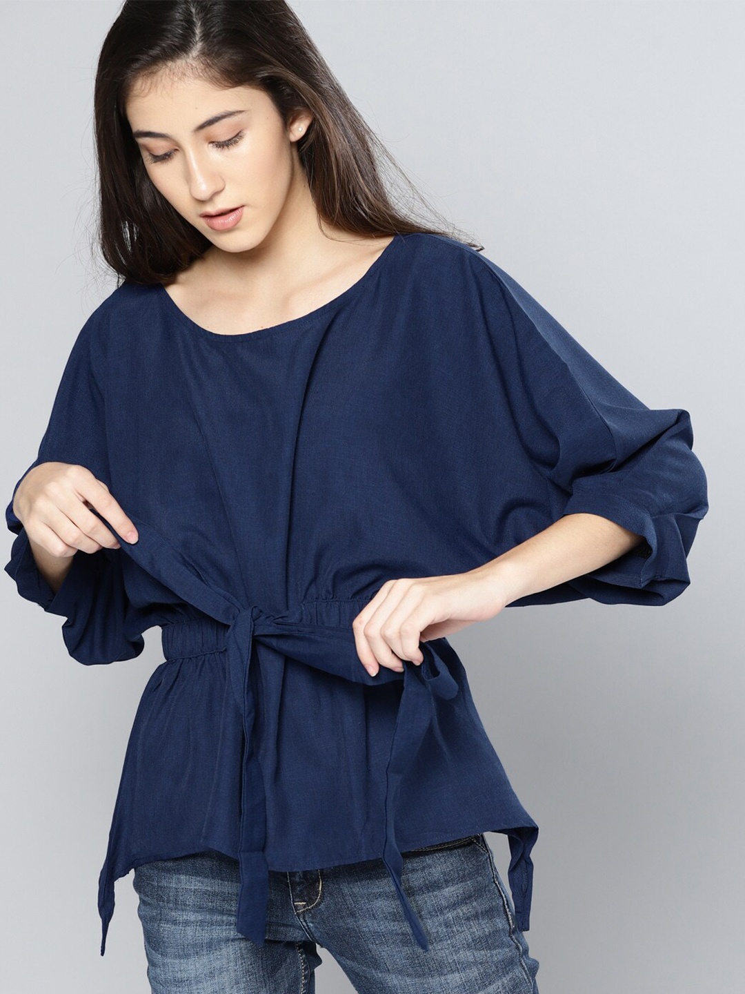 

Mast & Harbour Navy Blue Extended Sleeves Cinched Waist Top