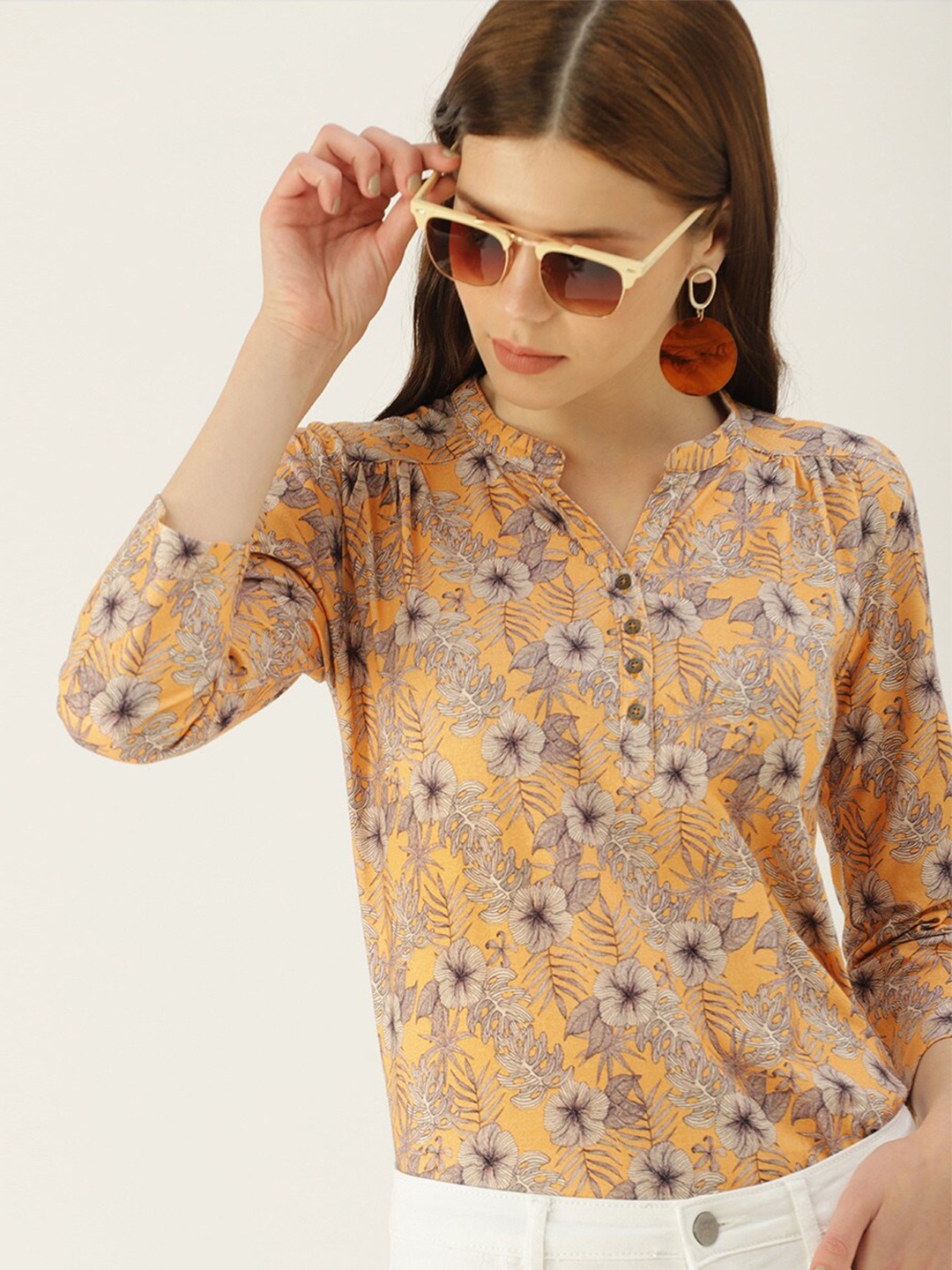 

Mast & Harbour Mustard Yellow Floral Printed Mandarin Collar Pure Cotton Regular Top