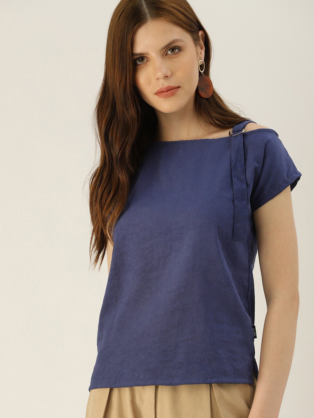 

Mast & Harbour Navy Blue Boat Neck Regular Top