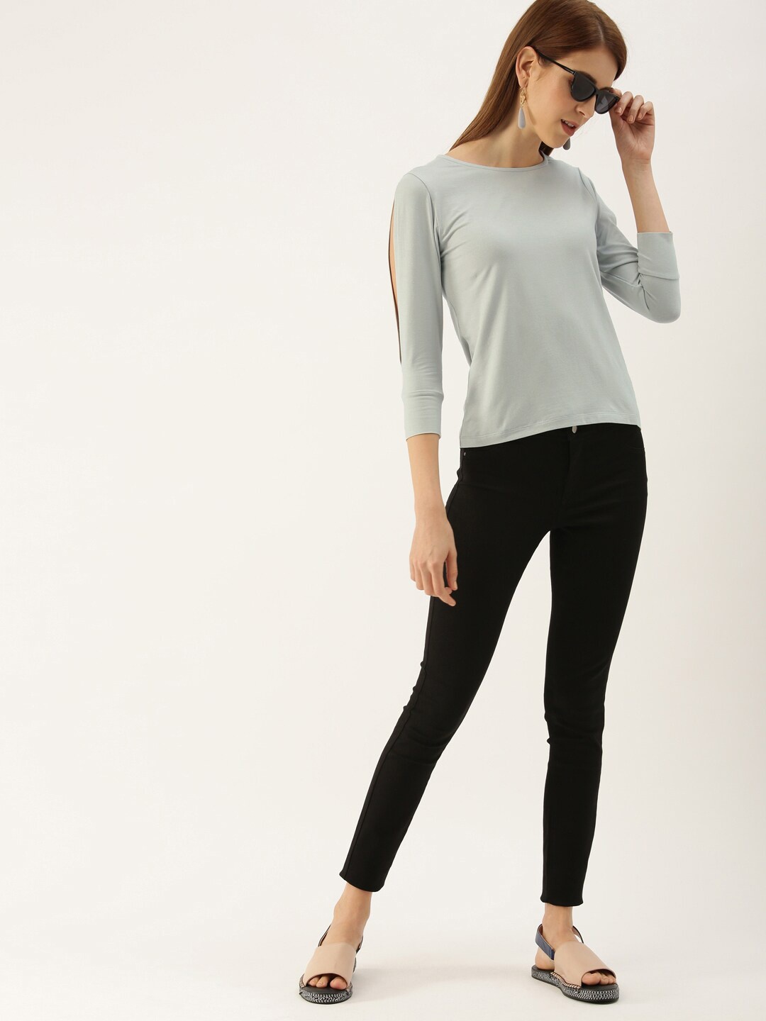 

Mast & Harbour Grey Slit Sleeves Pure Cotton Top