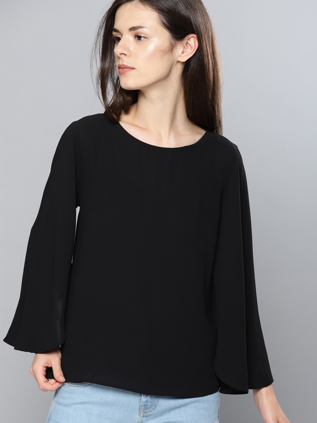 

Mast & Harbour Round Neck Flared Sleeves Top, Black