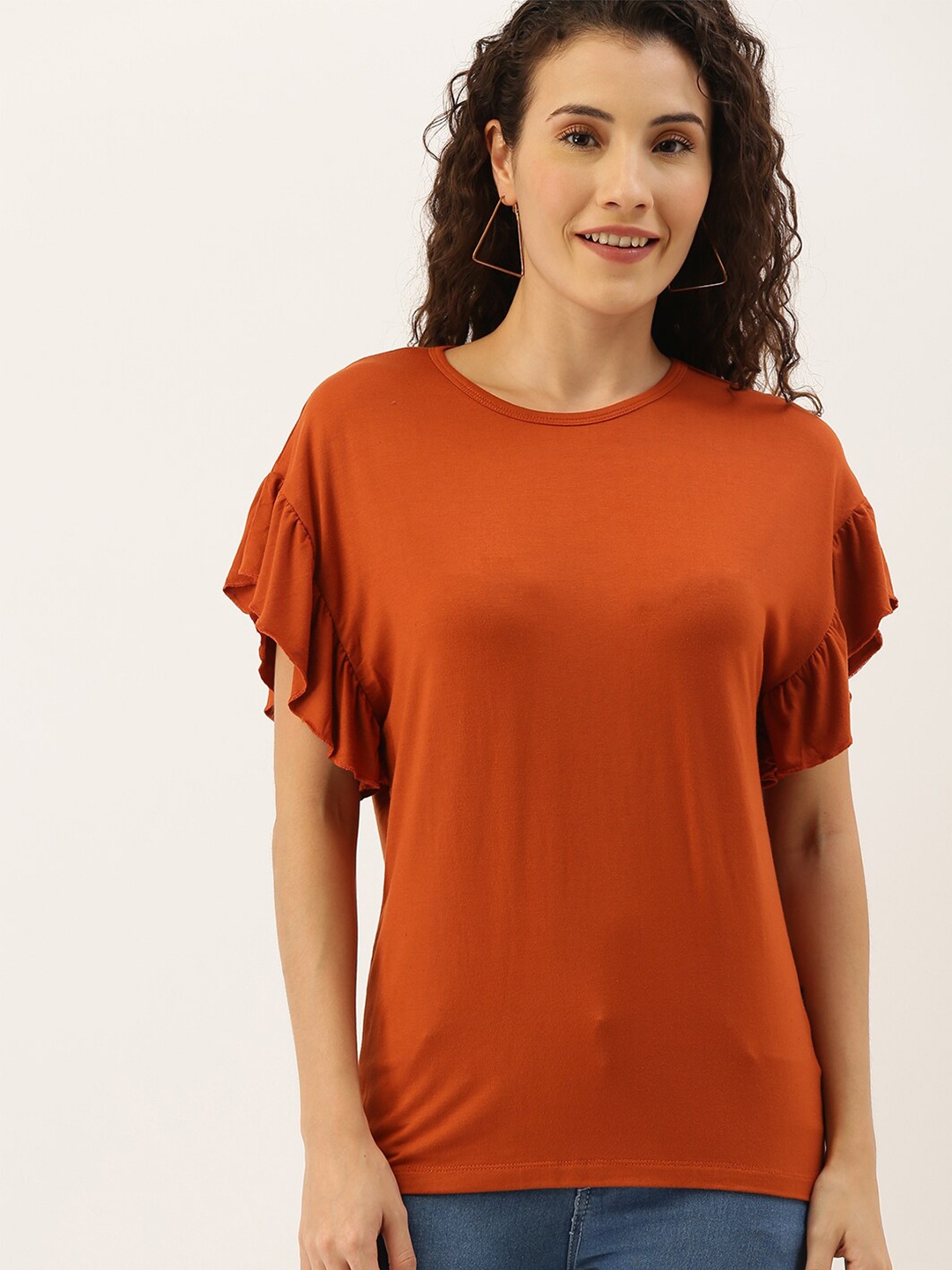

Mast & Harbour Round Neck Flutter Sleeves Top, Orange
