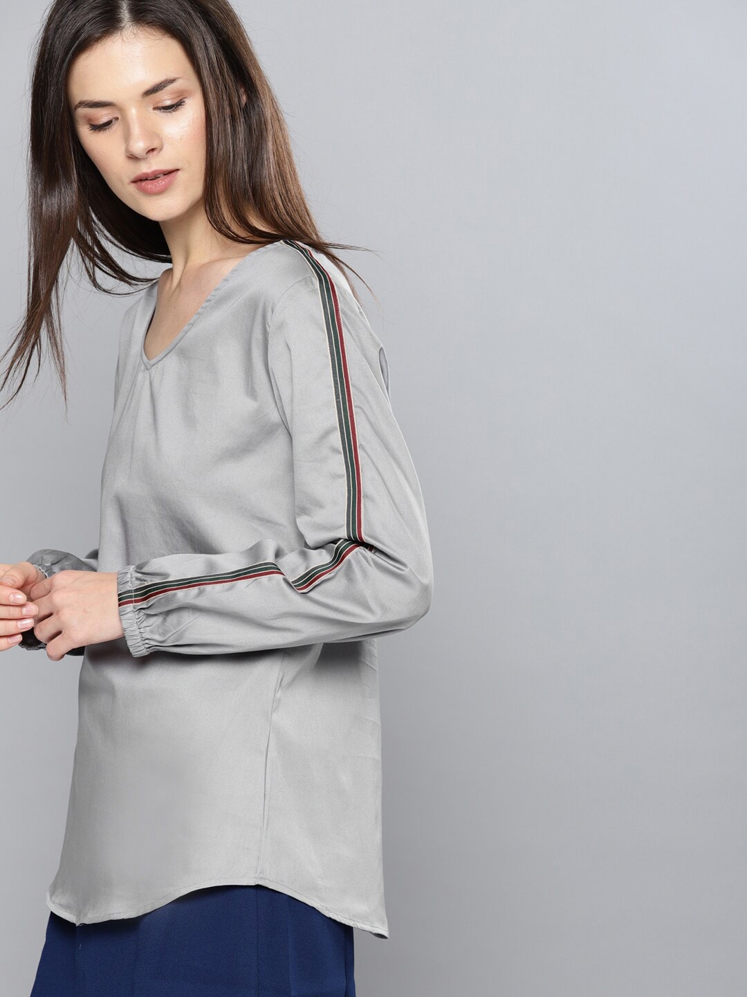 

Mast & Harbour V-Neck Long Sleeves Pure Cotton Top, Grey