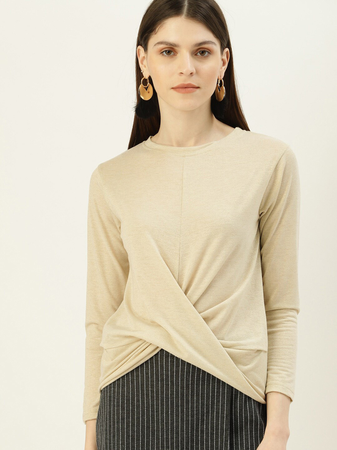 

Mast & Harbour Long Sleeves Twisted Detail Wrap Top, Beige