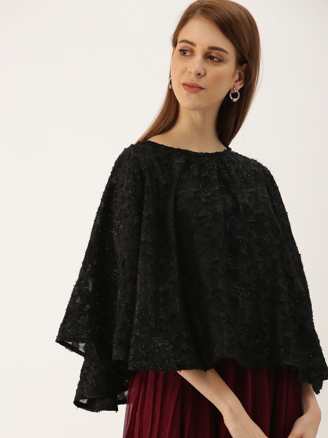 

Mast & Harbour Black Self Design Cape Sleeve Cape Top