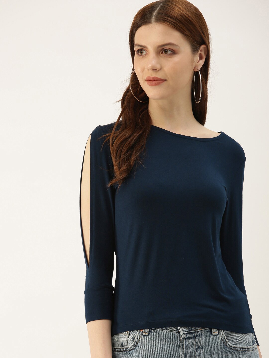 

Mast & Harbour Navy Blue Extended Sleeves Cotton Top