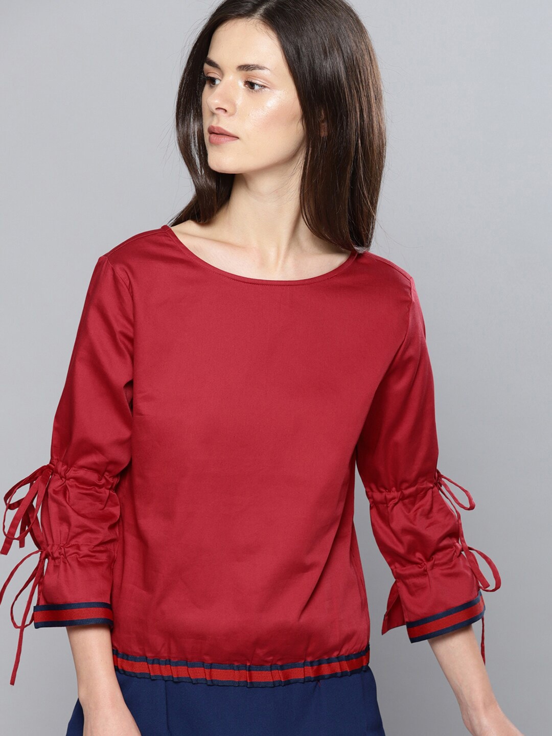 

Mast & Harbour Red Round Neck Puff Sleeves Top