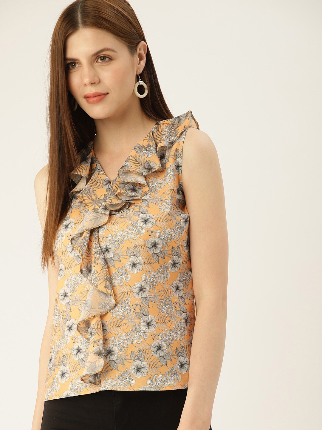 

Mast & Harbour Mustard Yellow Floral Printed V-Neck Ruffles Top