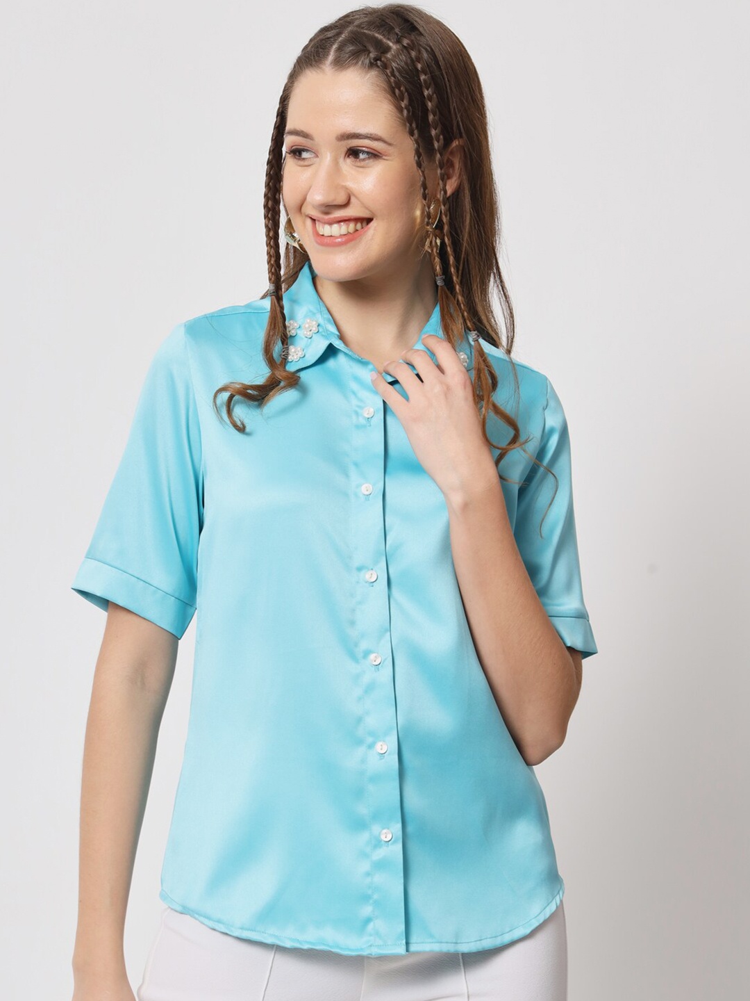 

angloindu Satin Casual Shirt, Blue