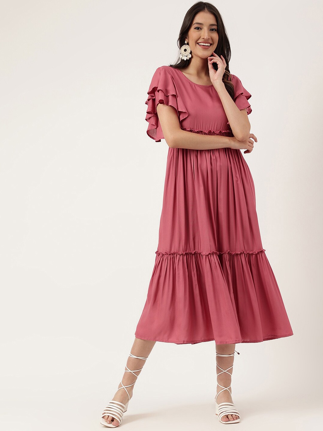 

KALINI Round Neck Flutter Sleeve Tiered A-Line Midi Dress, Pink