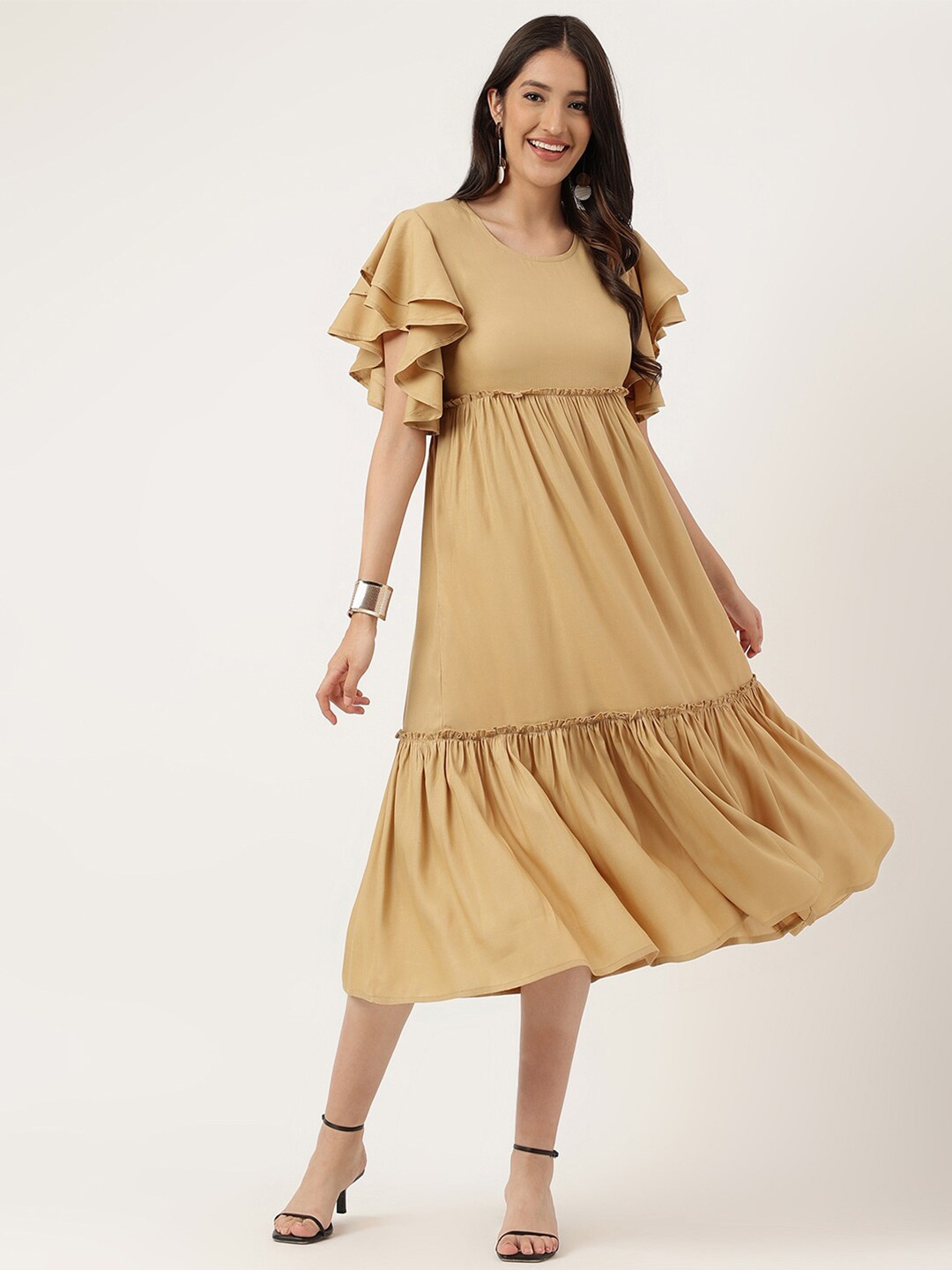 

KALINI Flared Sleeves Tiered Gathered Details Midi A-Line Dress, Beige