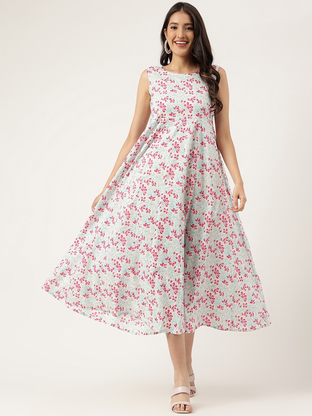

KALINI Floral Printed Round Neck Sleeveless Casual Empire Midi Dress, Off white