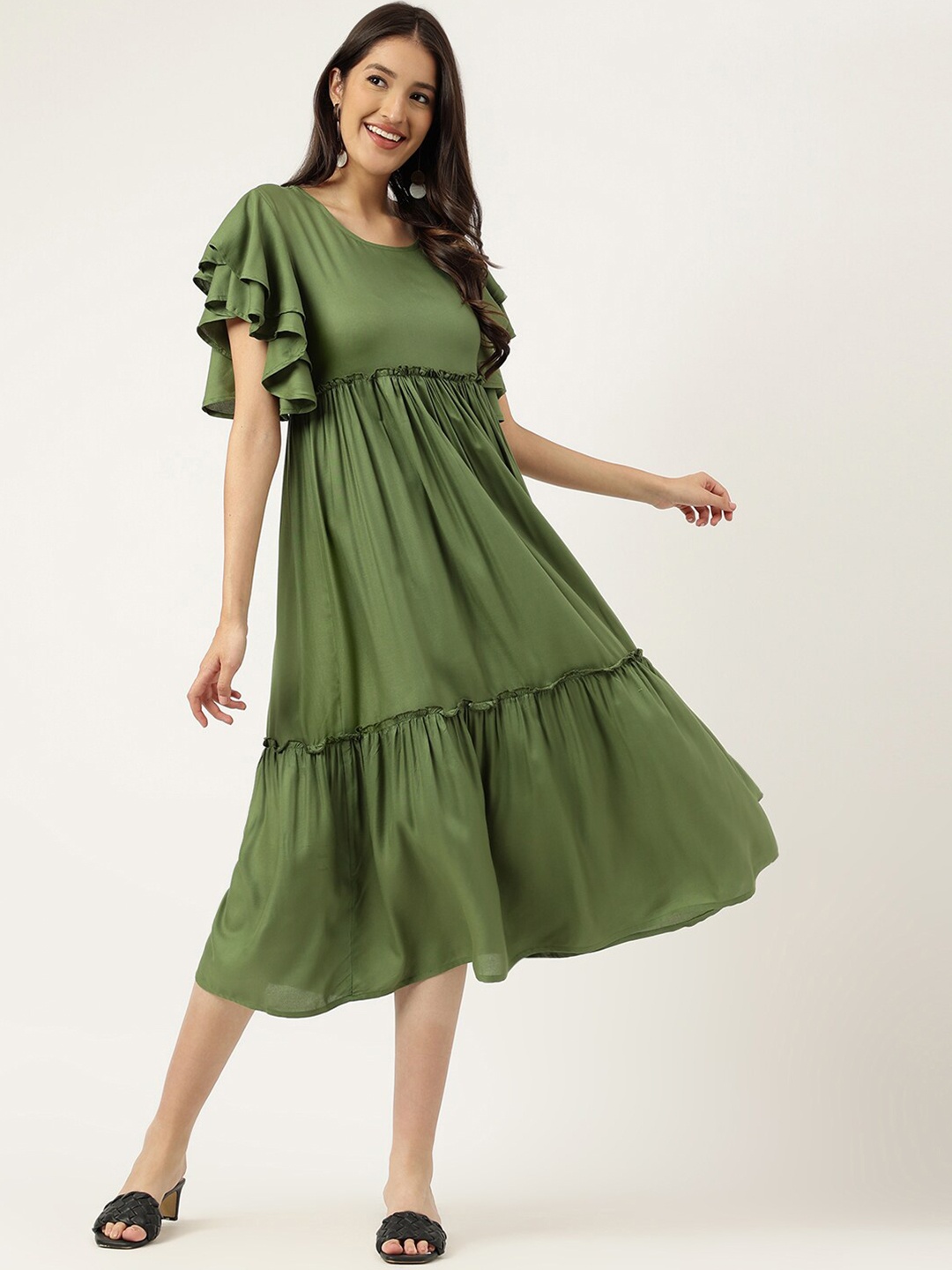 

KALINI Solid Flutter Sleeve Midi Empire Tiered Dress, Olive