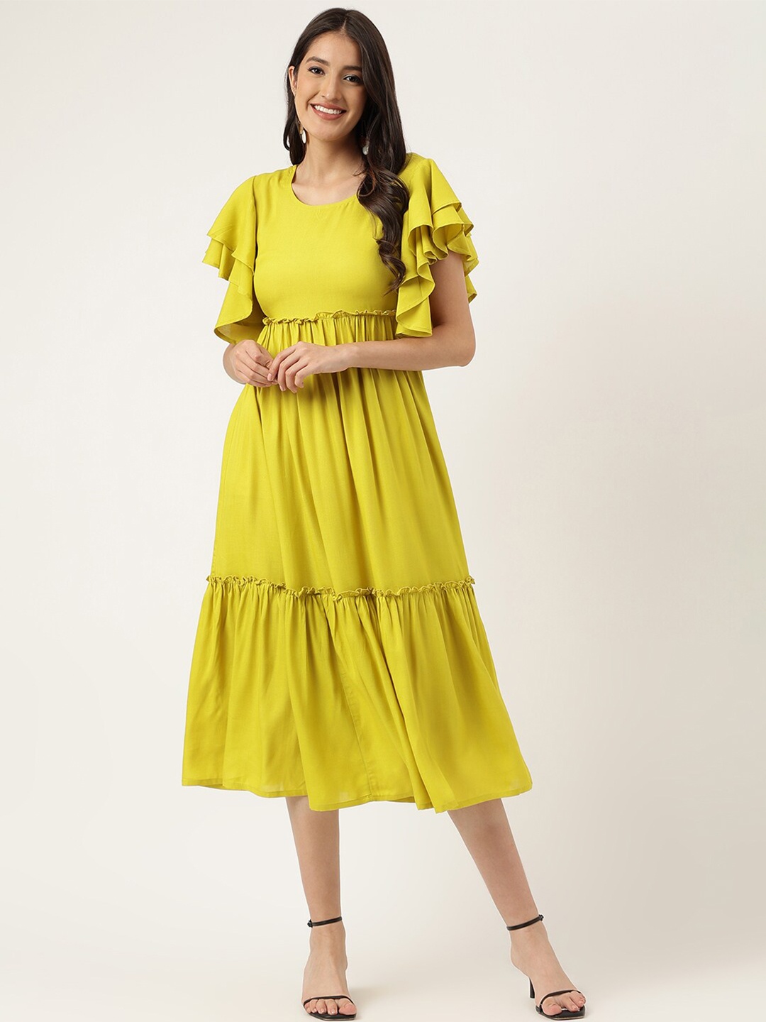 

KALINI Solid Round Neck Flared Sleeves Layered Fit & Flare Midi Dress, Green