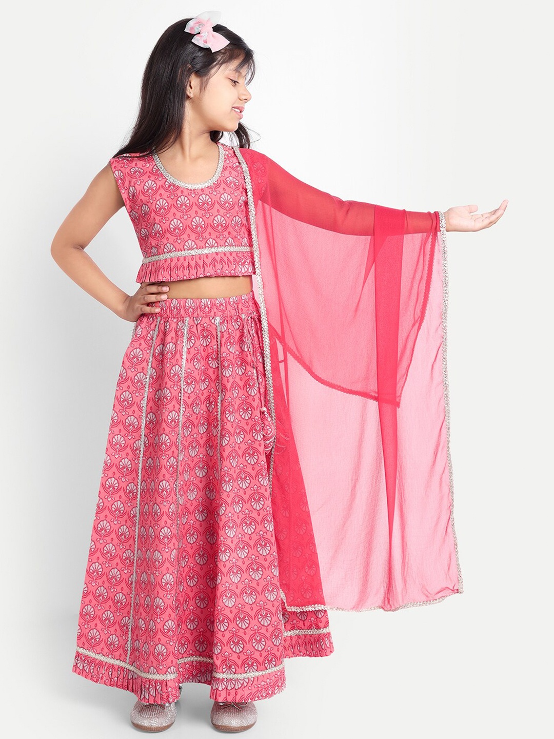

Ka-mee Girls Printed Crop Top With Skirt And Dupatta, Pink