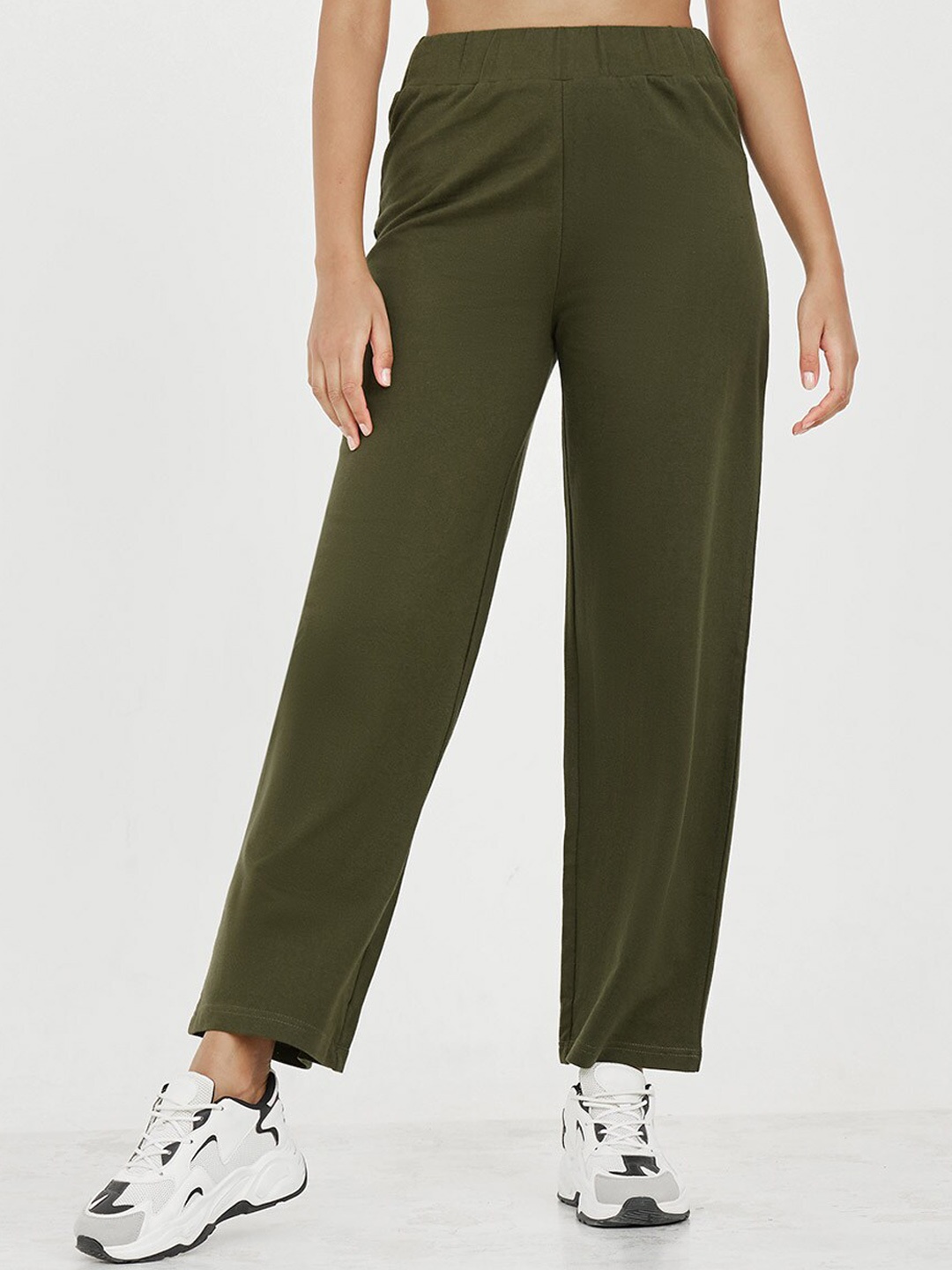 

Styli Women Cotton Straight-Fit Track Pants, Olive