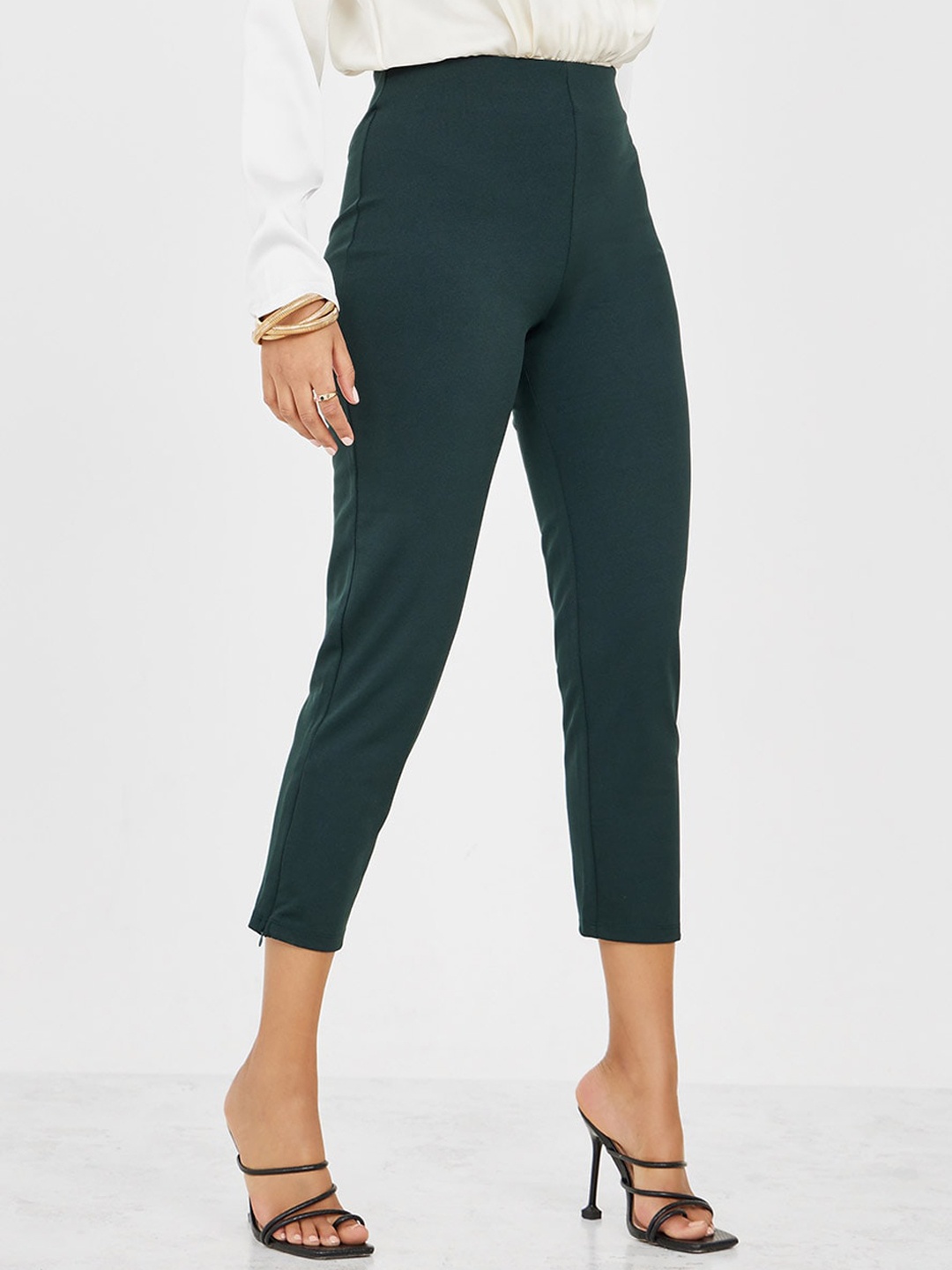 

Styli Women 2 Way Stretch Slim Fit Crop Pants with Zip Cuff Detail, Green