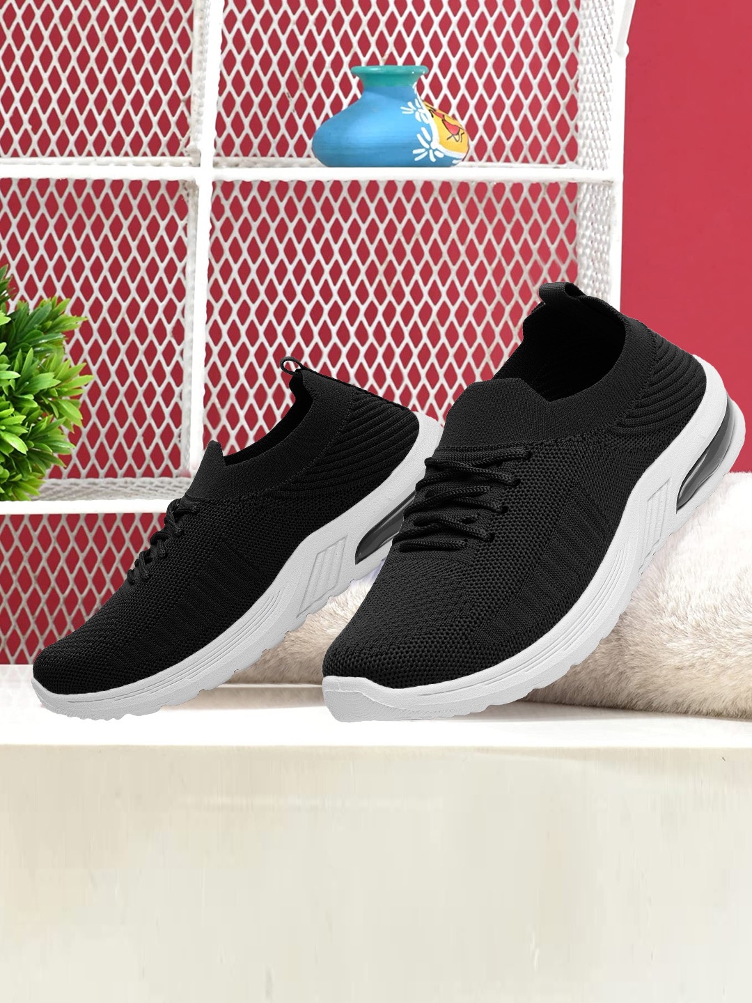 

TWIN TOES Women Woven Design Lightweight Slip-On Sneakers, Black