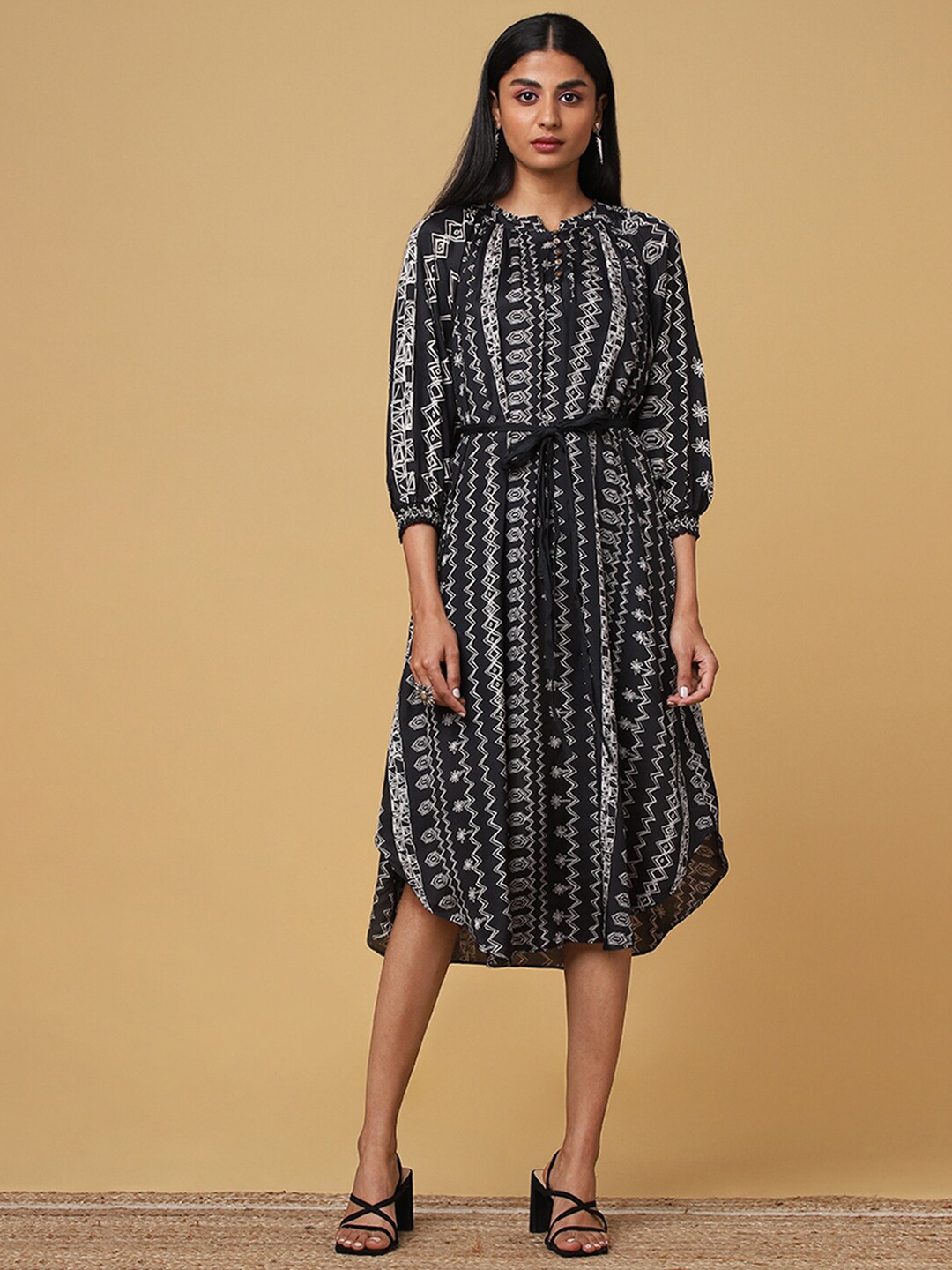 

Marigold Lane Tribal Print Mandarin Collar A-Line Midi Dress, Black