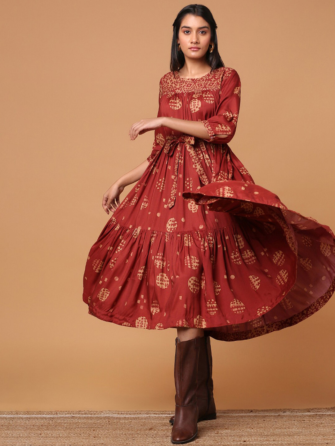 

Marigold Lane Ethnic Motifs Printed Tiered A-Line Midi Dress, Rust