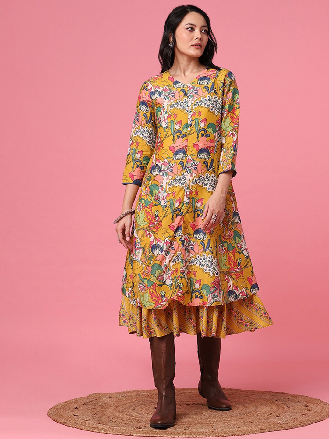 

Marigold Lane Floral Printed Midi A-Line Dress, Mustard