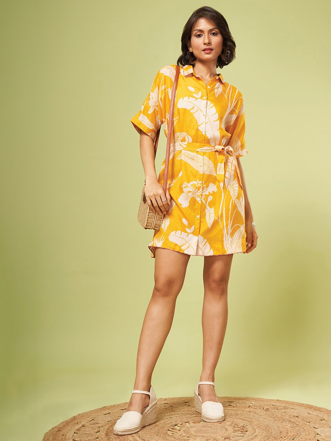 

Marigold Lane Tropical Printed Shirt Dress with Belt, Mustard