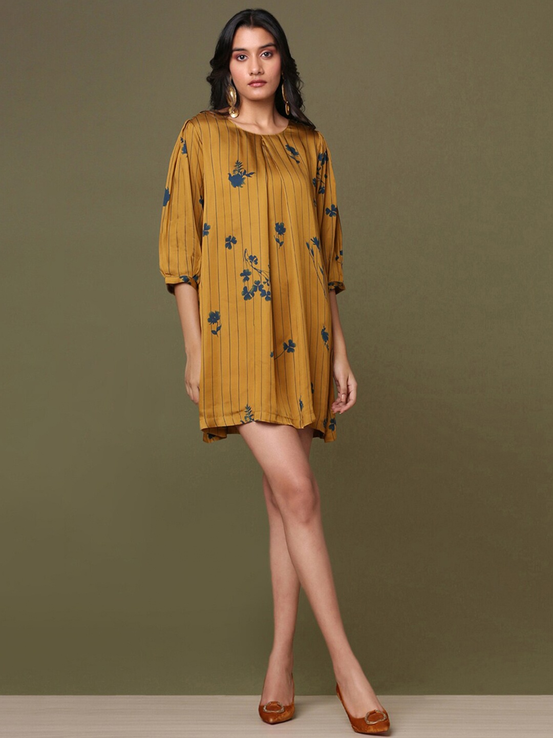 

Marigold Lane Floral Printed Puff Sleeves A-Line Dress, Mustard