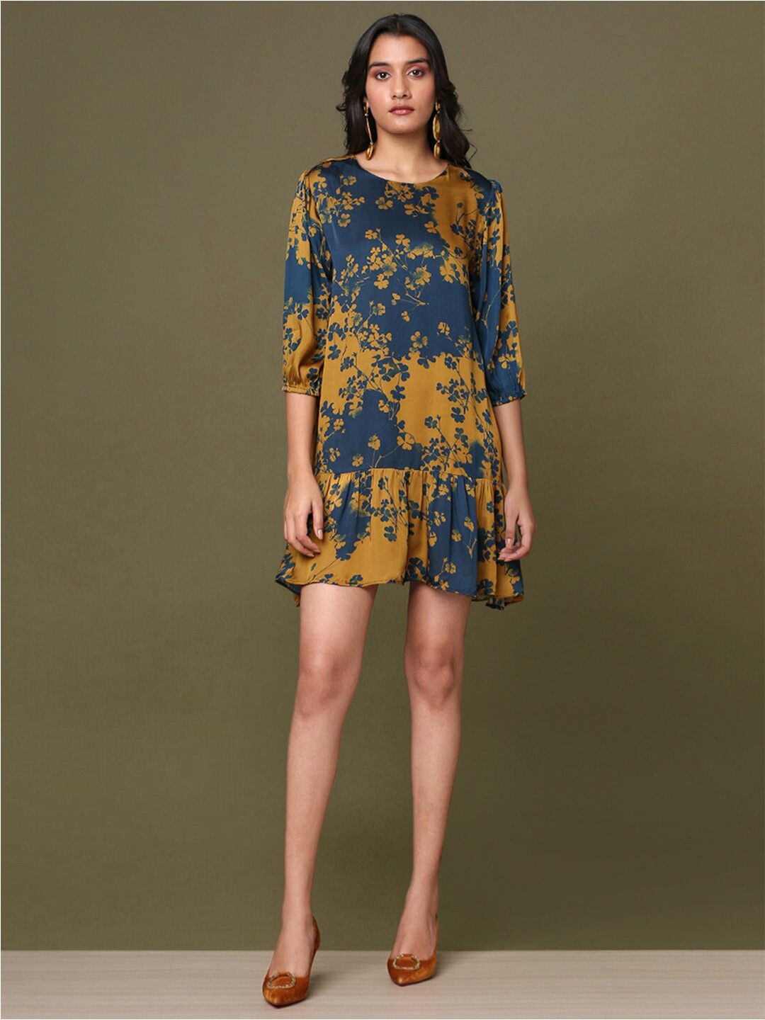 

Marigold Lane Floral Print Puff Sleeve Mini A-Line Dress, Mustard