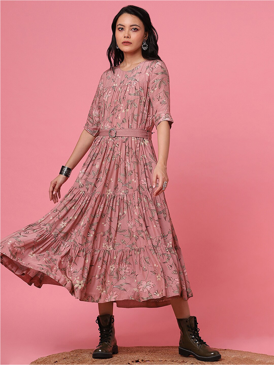 

Marigold Lane Floral Print Belted Midi Tiered Maxi Dress, Pink