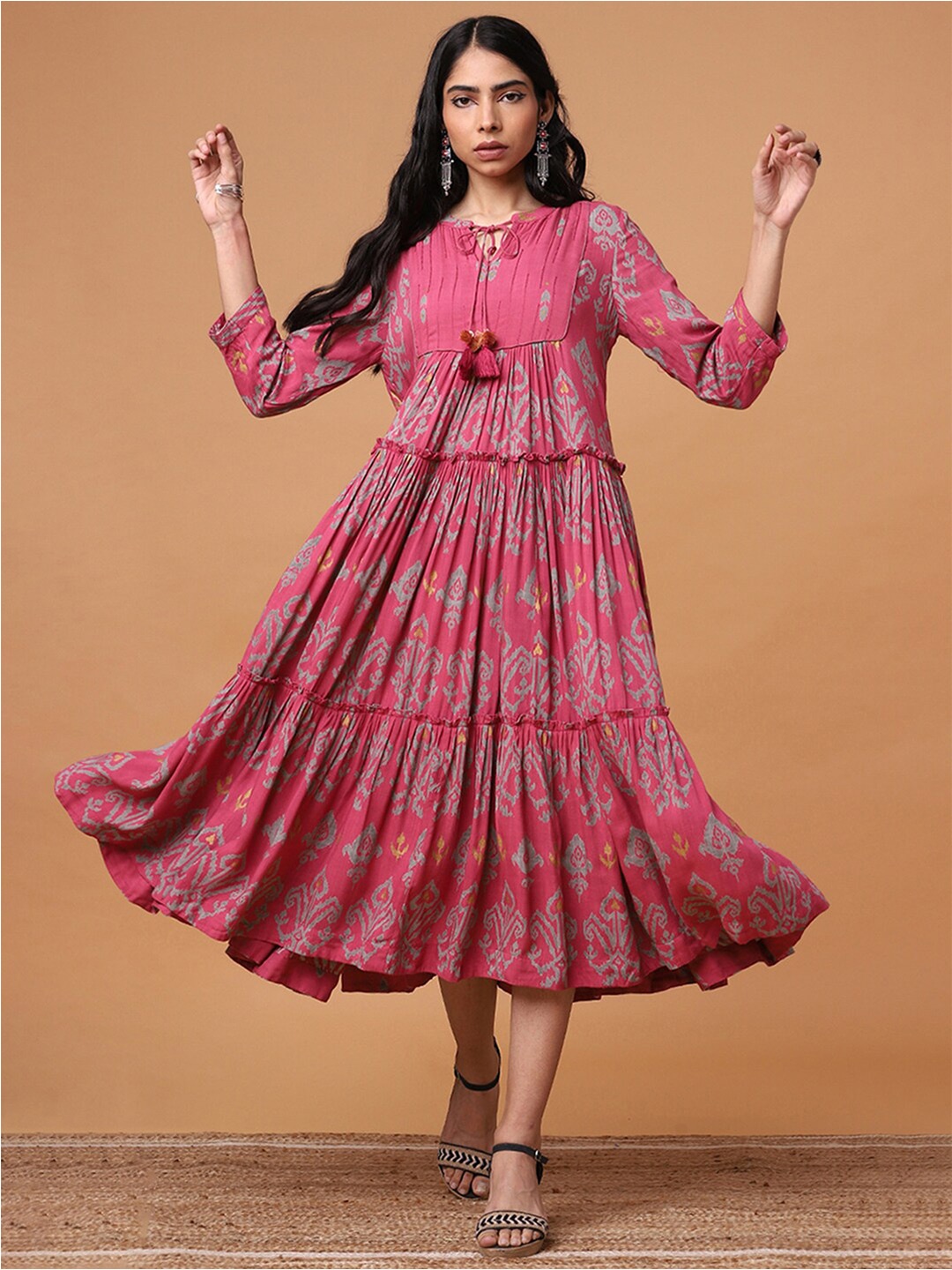 

Marigold Lane Ethnic Motifs Printed Tie-Up Neck Empire Midi Dress, Pink