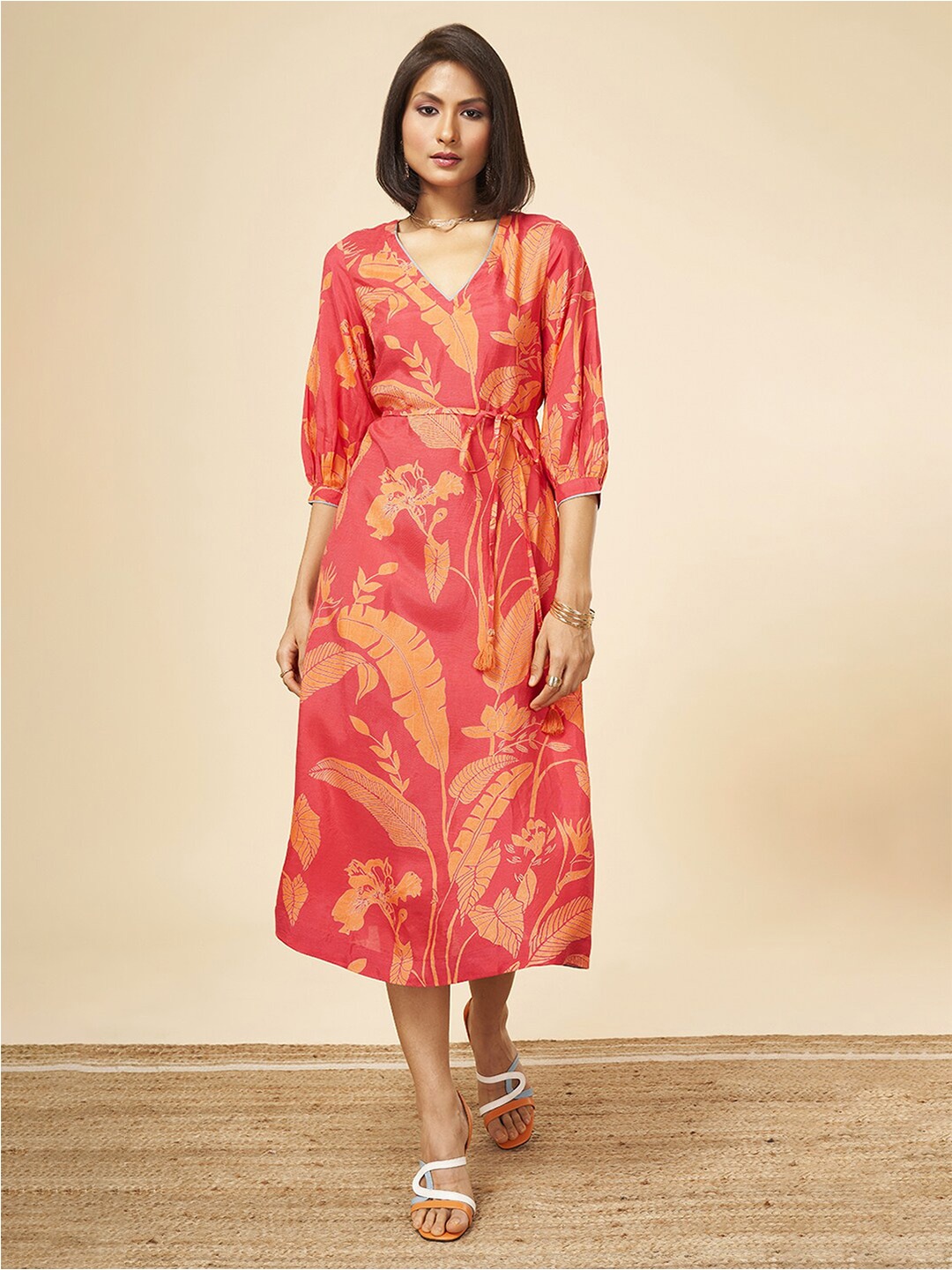 

Marigold Lane Tropical Print Cotton A-Line Midi Dress, Red
