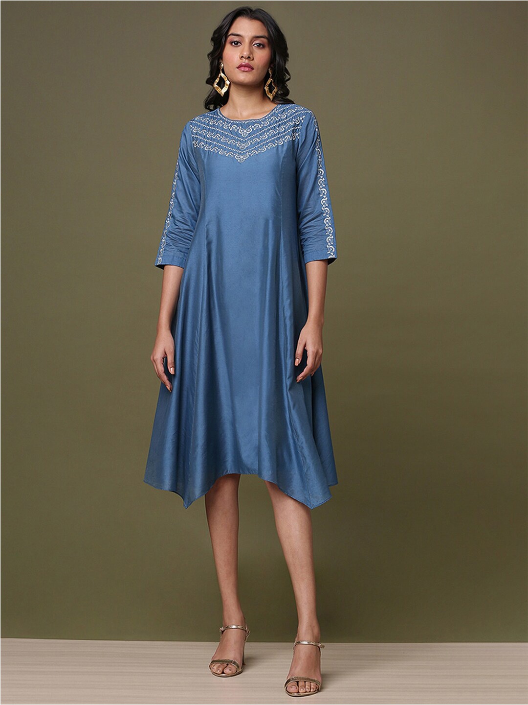 

Marigold Lane Embroidered Round Neck Fit & Flare Dress, Teal
