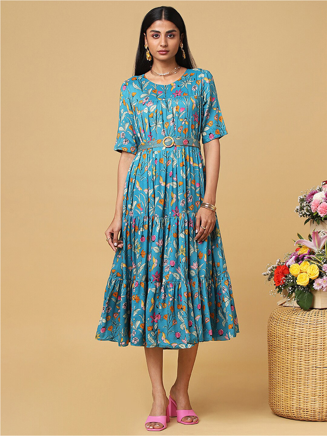 

Marigold Lane Floral Printed Fit & Flare Midi Dress With Belt, Teal