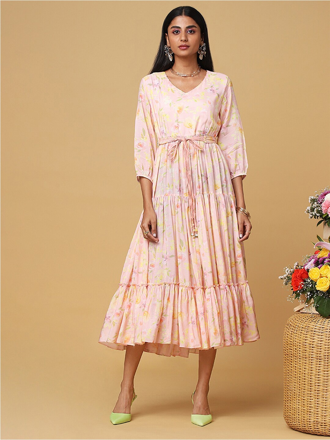 

Marigold Lane Floral Printed Tiered Casual Fit & Flare Midi Dress, Peach