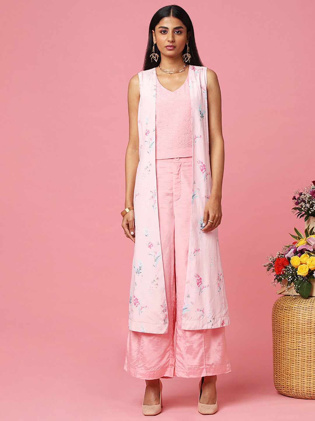 

Marigold Lane Floral Printed Longline Open Front Shrug, Pink