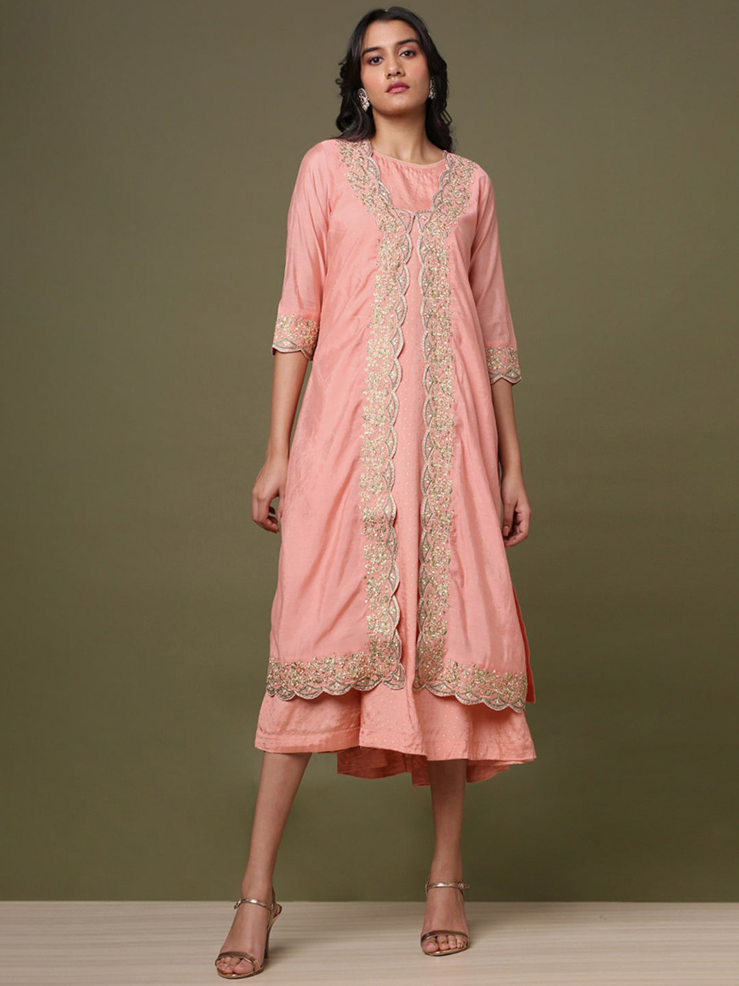 

Marigold Lane Embroidered Sequinned Longline Tailored Jacket, Peach