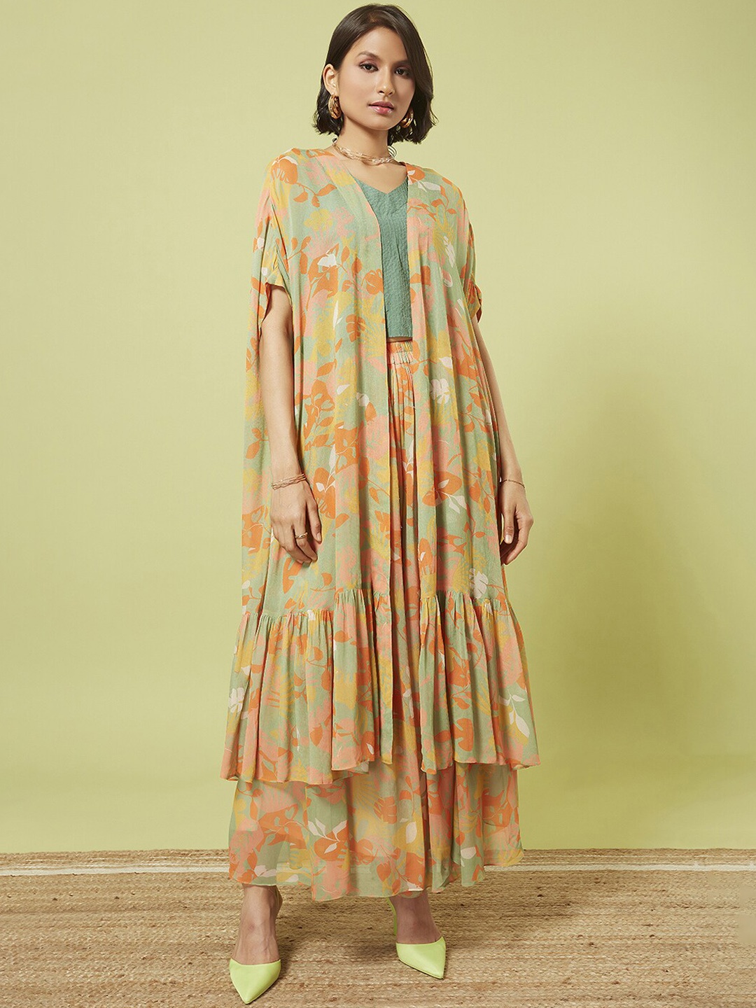 

Marigold Lane Floral Printed Gathered Longline Open Front Shrug, Green