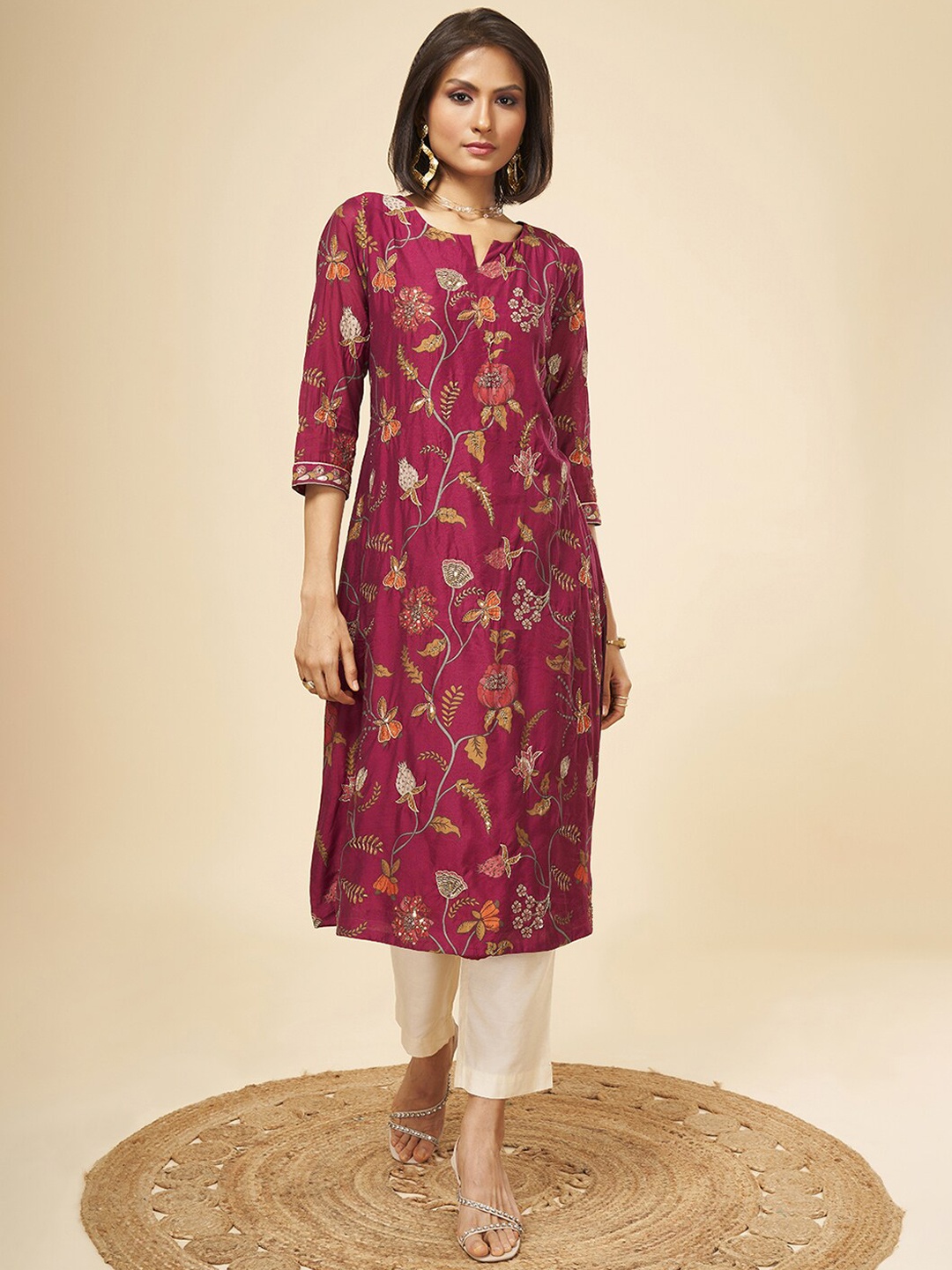 

Marigold Lane Floral Printed Sequined Chanderi Silk Kurta, Purple