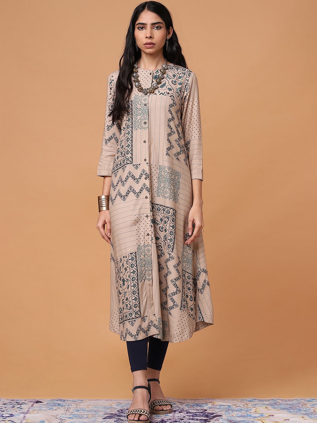 

Marigold Lane Ethnic Motifs Printed A-Line Kurta, Beige