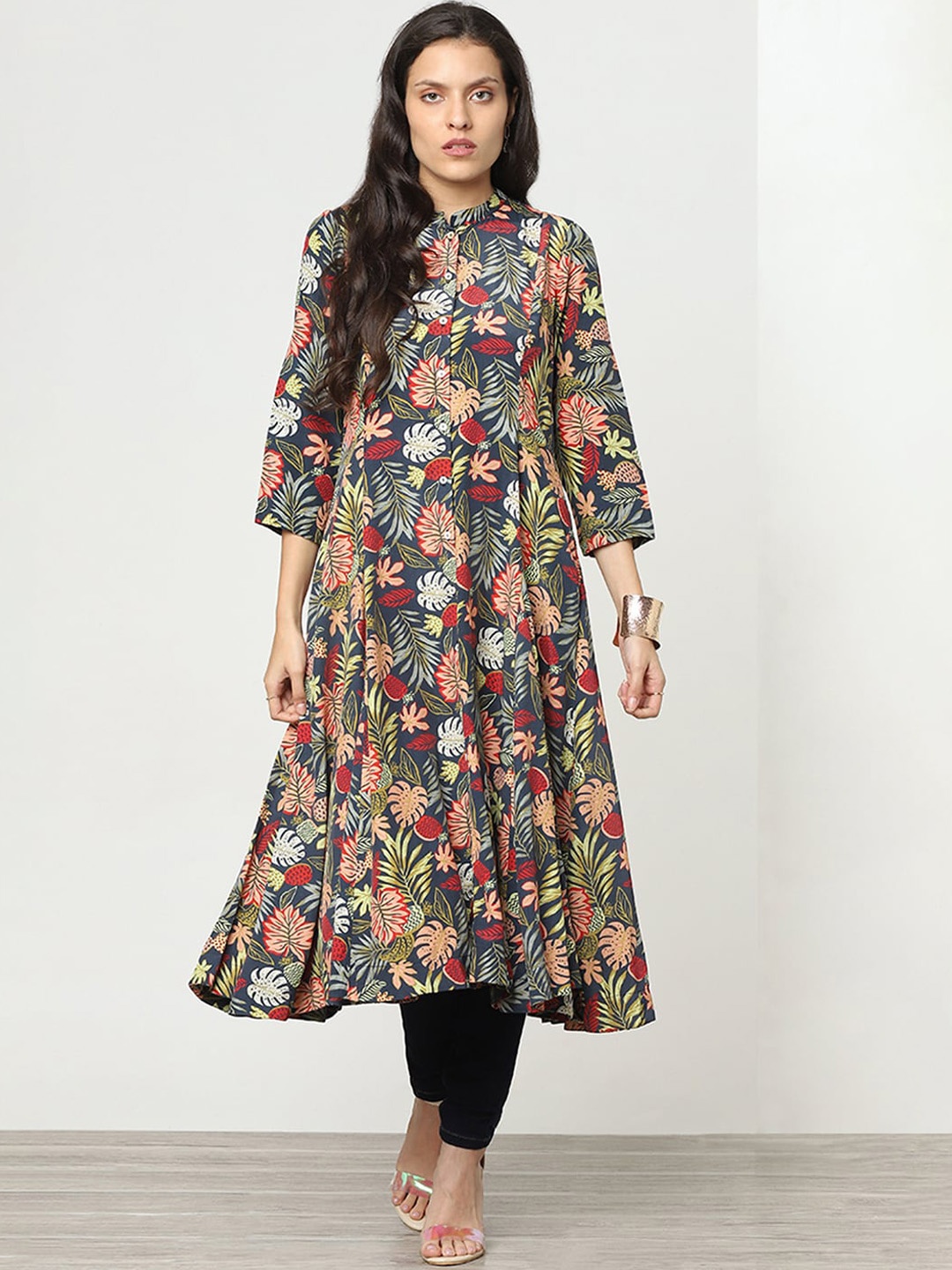 

Marigold Lane Floral Printed Mandarin Collar Anarkali Kurta, Navy blue