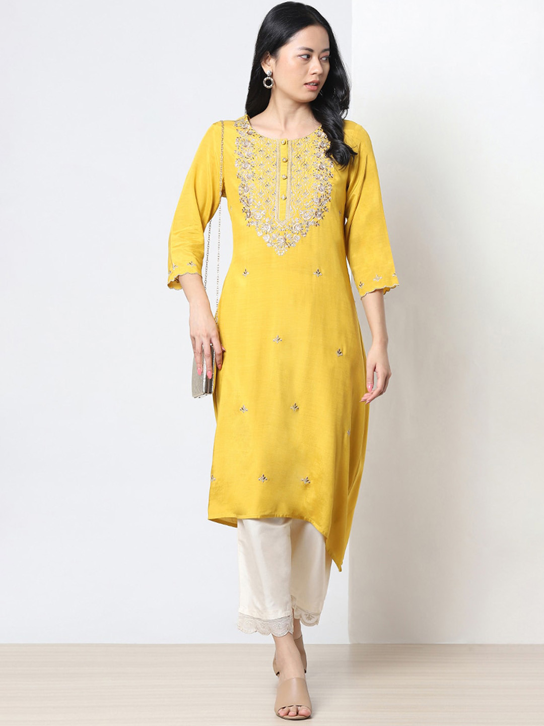 

Marigold Lane Embroidered High-Low Hem A-Line Kurta, Mustard