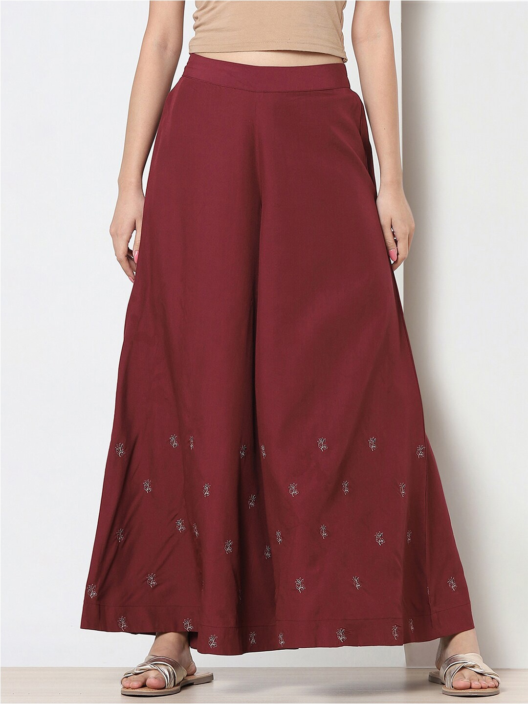 

Marigold Lane Women Floral Embroidered Flared Mid Rise Palazzos, Maroon