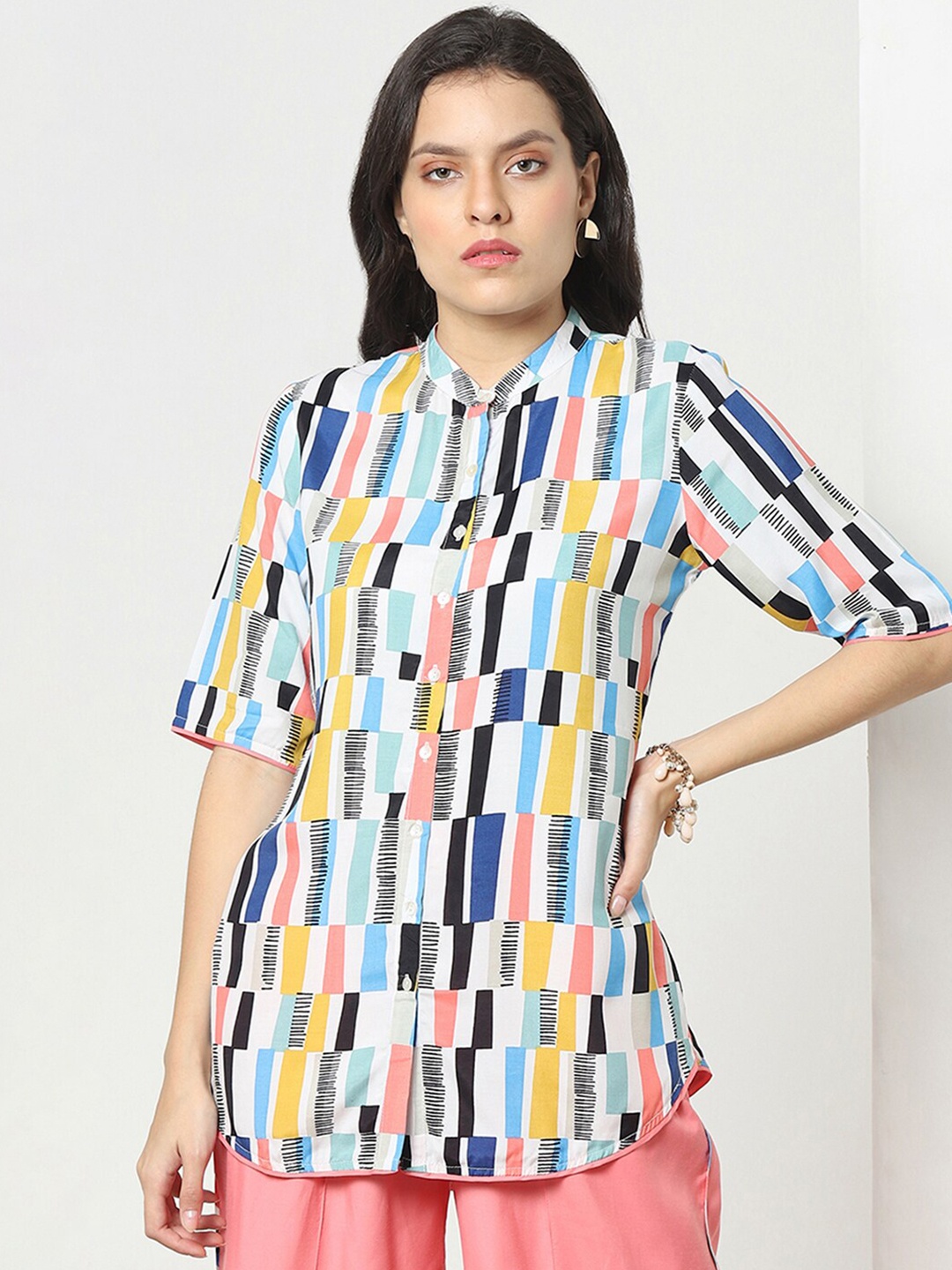 

Marigold Lane Multi Striped Shirt Style Top, White