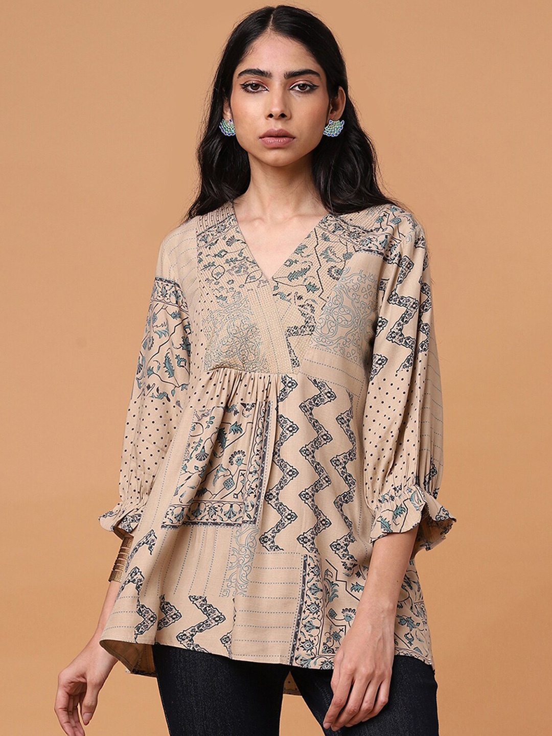 

Marigold Lane Ethnic Motifs Print V-Neck Wrap Top, Beige