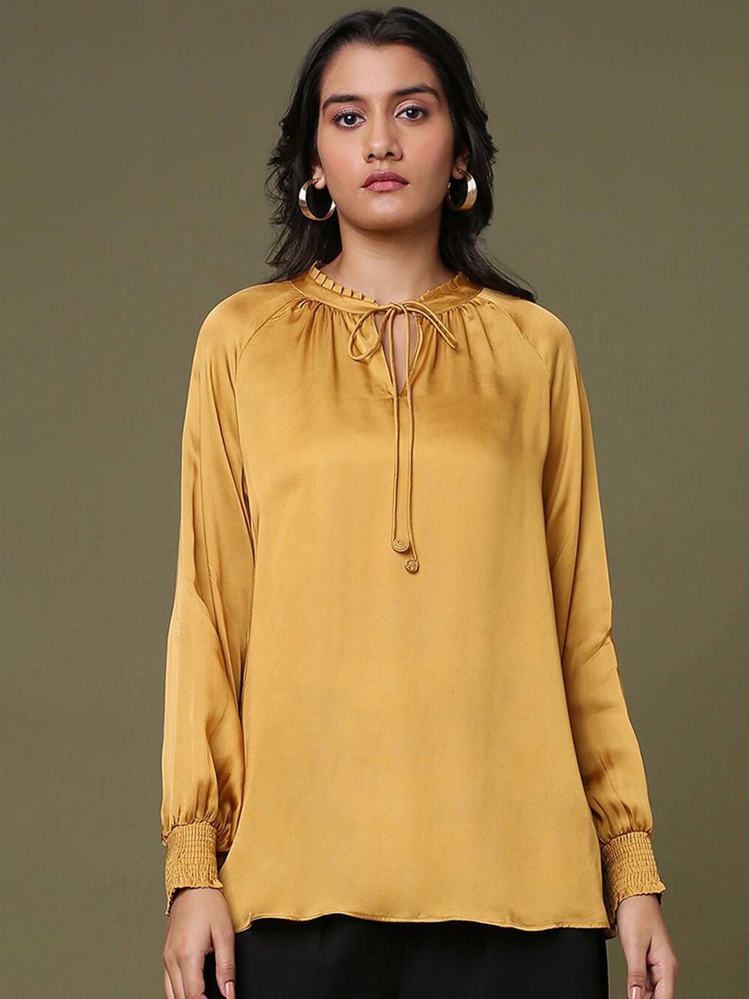 

Marigold Lane Tie-Up Neck Cuffed Sleeved Top, Mustard