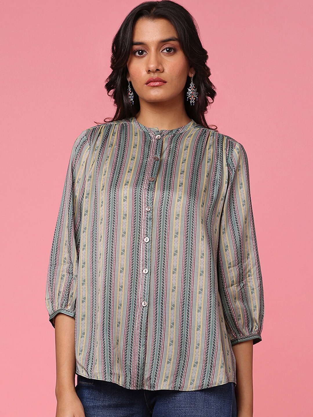 

Marigold Lane Striped Band Collar Shirt Style Top, Green